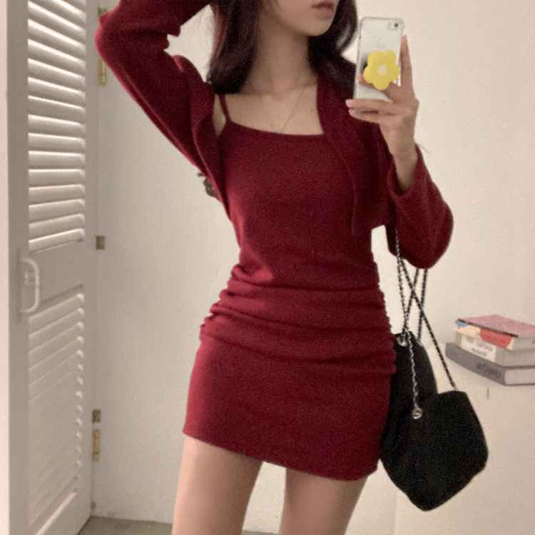 신디 포근 기모 나시 원피스 볼레로 가디건 투피스 세트 와인