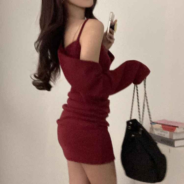 신디 포근 기모 나시 원피스 볼레로 가디건 투피스 세트 와인