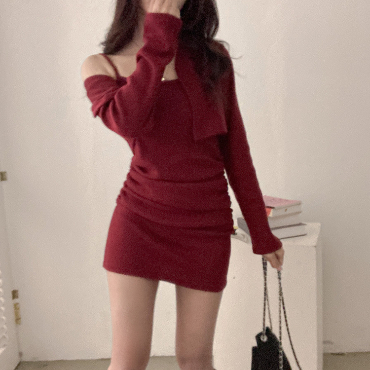 신디 포근 기모 나시 원피스 볼레로 가디건 투피스 세트 와인