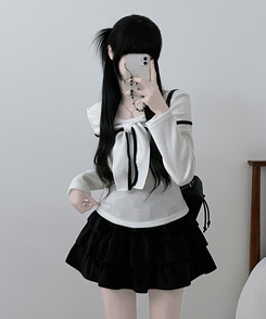 프시배색리본꼬임오프숄더기모긴팔티셔츠 아이보리