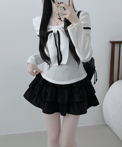 프시배색리본꼬임오프숄더기모긴팔티셔츠 아이보리