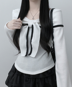 프시배색리본꼬임오프숄더기모긴팔티셔츠 아이보리