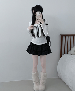 프시배색리본꼬임오프숄더기모긴팔티셔츠 아이보리