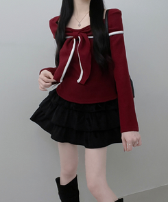 프시배색리본꼬임오프숄더기모긴팔티셔츠 와인