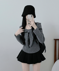 프시배색리본꼬임오프숄더기모긴팔티셔츠 회색