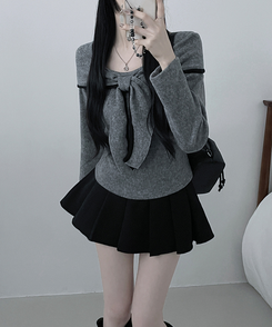 프시배색리본꼬임오프숄더기모긴팔티셔츠 회색