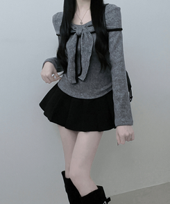 프시배색리본꼬임오프숄더기모긴팔티셔츠 회색