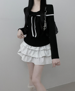 프시배색리본꼬임오프숄더기모긴팔티셔츠 검정