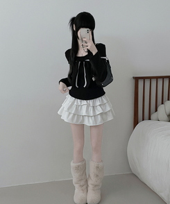 프시배색리본꼬임오프숄더기모긴팔티셔츠 검정