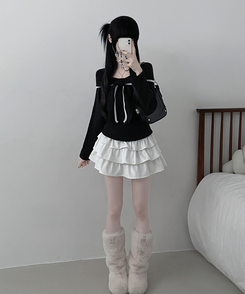 프시배색리본꼬임오프숄더기모긴팔티셔츠 검정