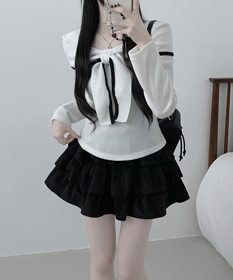 프시배색리본꼬임오프숄더기모긴팔티셔츠 아이보리