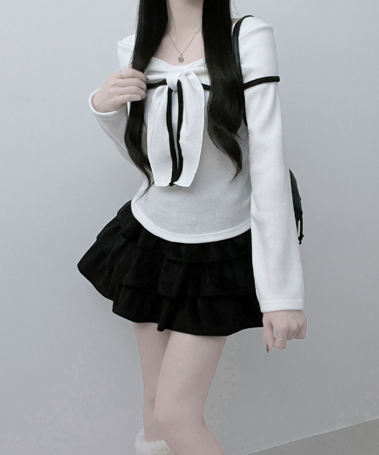 프시배색리본꼬임오프숄더기모긴팔티셔츠 아이보리