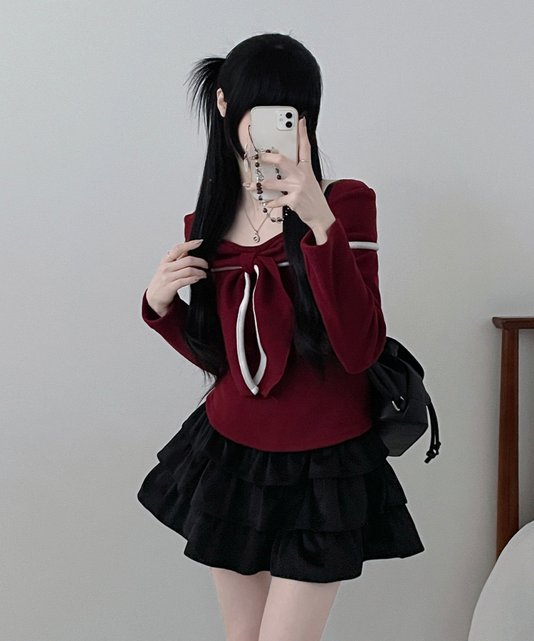 프시배색리본꼬임오프숄더기모긴팔티셔츠 와인