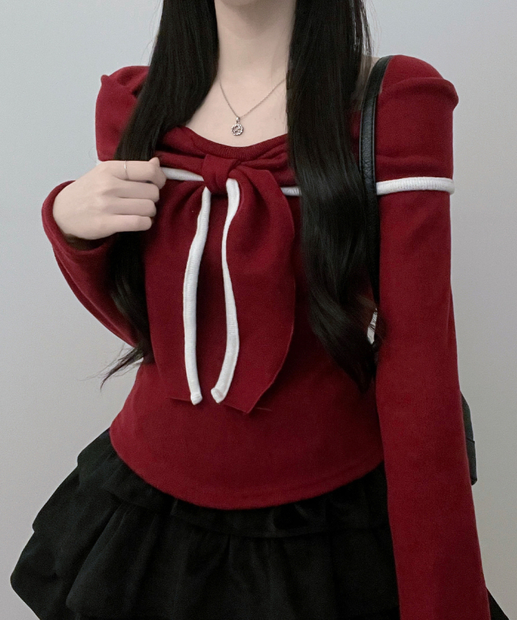 프시배색리본꼬임오프숄더기모긴팔티셔츠 와인