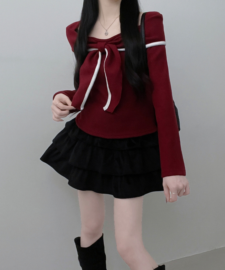 프시배색리본꼬임오프숄더기모긴팔티셔츠 와인