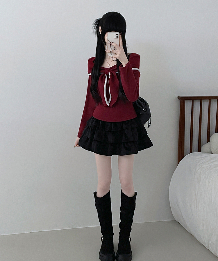 프시배색리본꼬임오프숄더기모긴팔티셔츠 와인