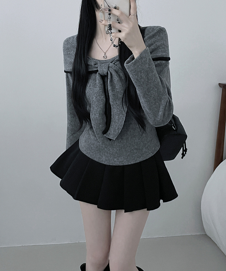 프시배색리본꼬임오프숄더기모긴팔티셔츠 회색