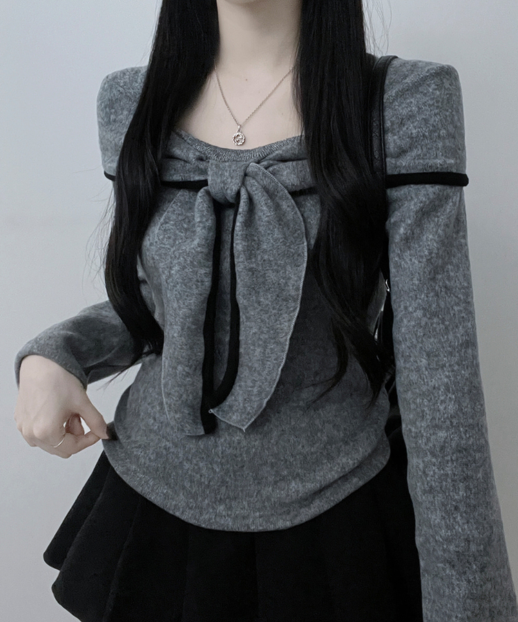 프시배색리본꼬임오프숄더기모긴팔티셔츠 회색