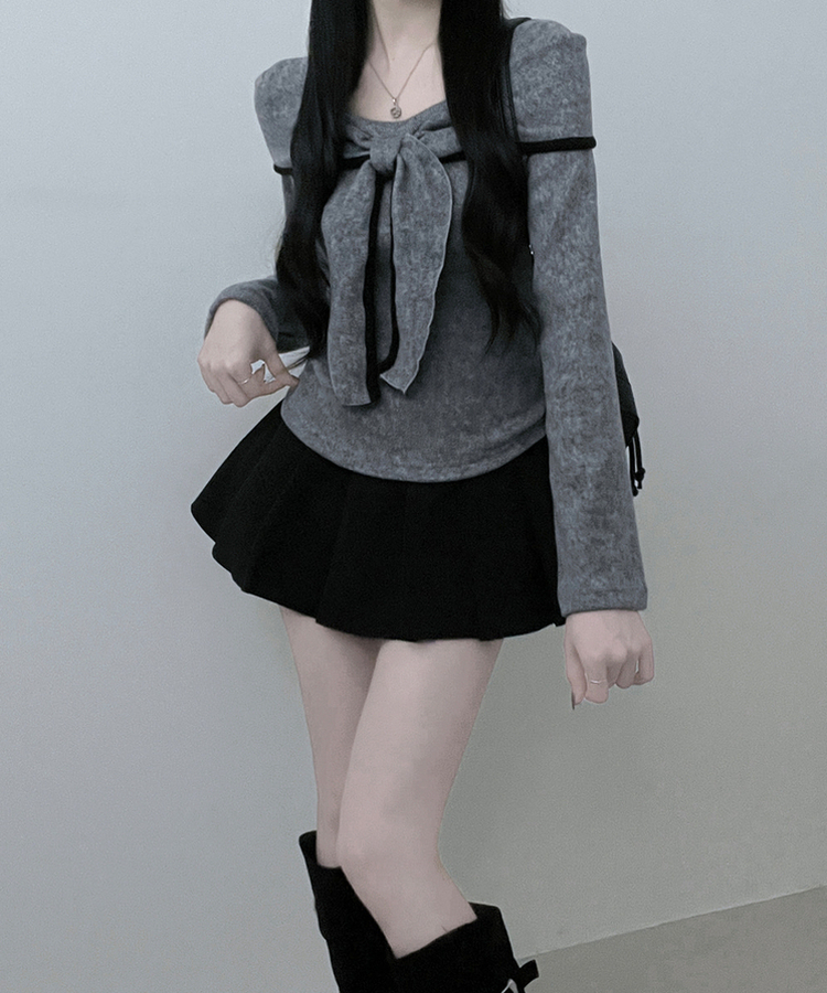 프시배색리본꼬임오프숄더기모긴팔티셔츠 회색