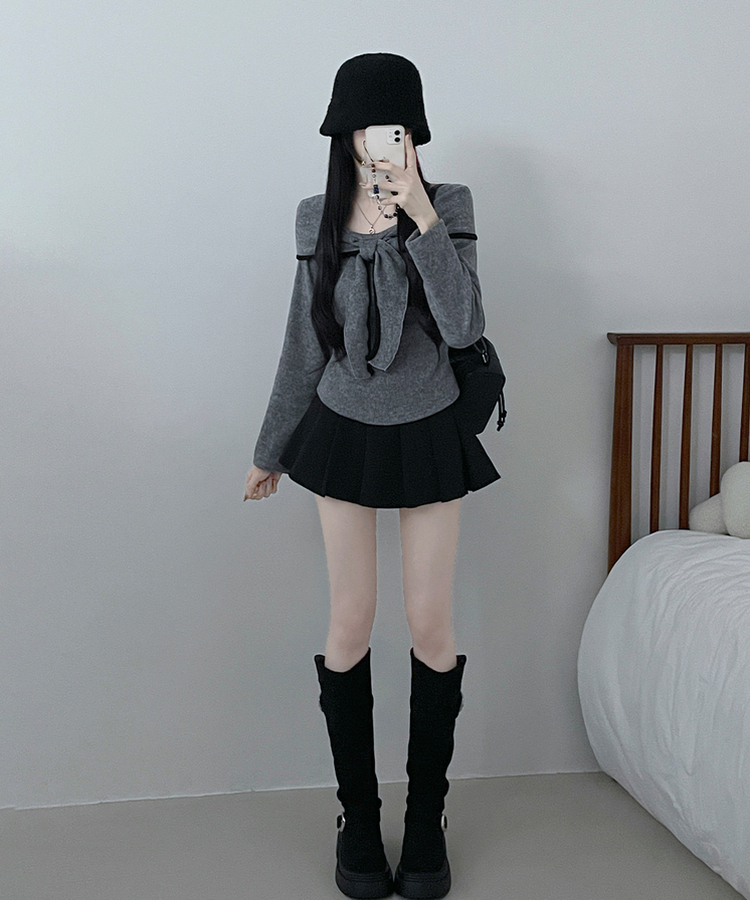 프시배색리본꼬임오프숄더기모긴팔티셔츠 회색