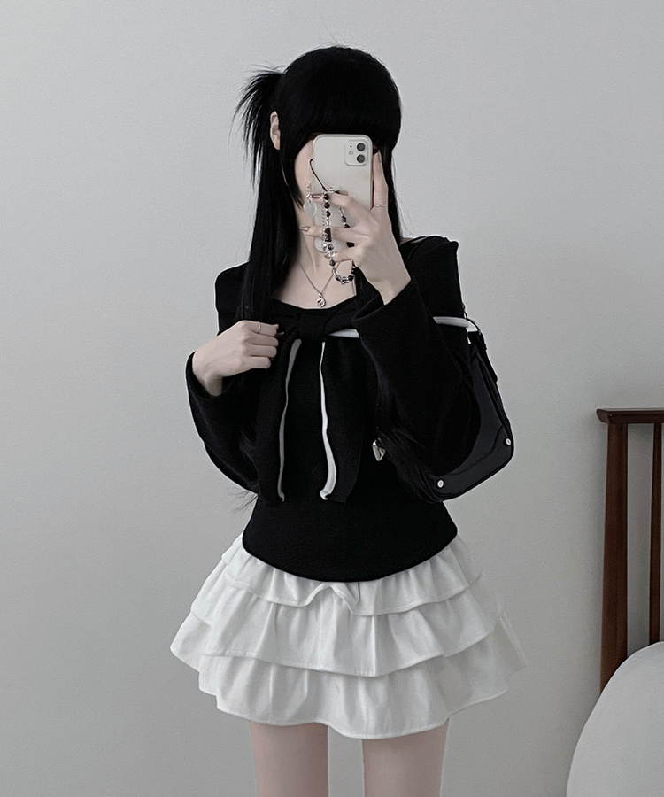 프시배색리본꼬임오프숄더기모긴팔티셔츠 검정