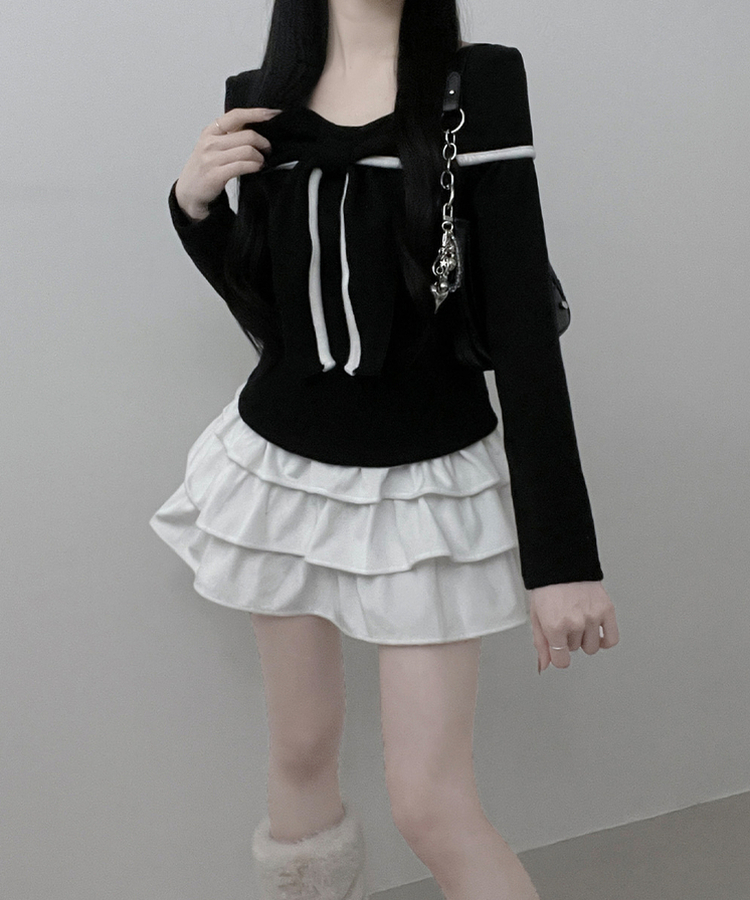 프시배색리본꼬임오프숄더기모긴팔티셔츠 검정