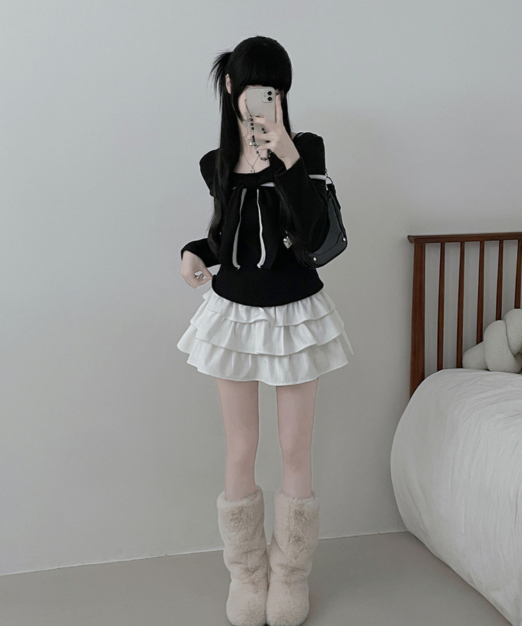 프시배색리본꼬임오프숄더기모긴팔티셔츠 검정