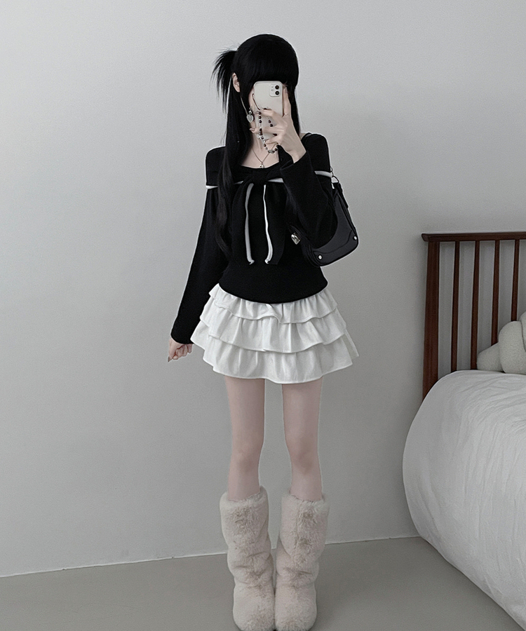 프시배색리본꼬임오프숄더기모긴팔티셔츠 검정