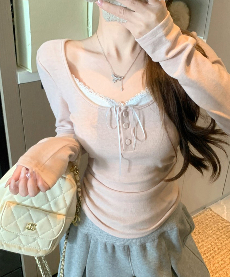 スリムレースリボンベーシックTシャツ PINK