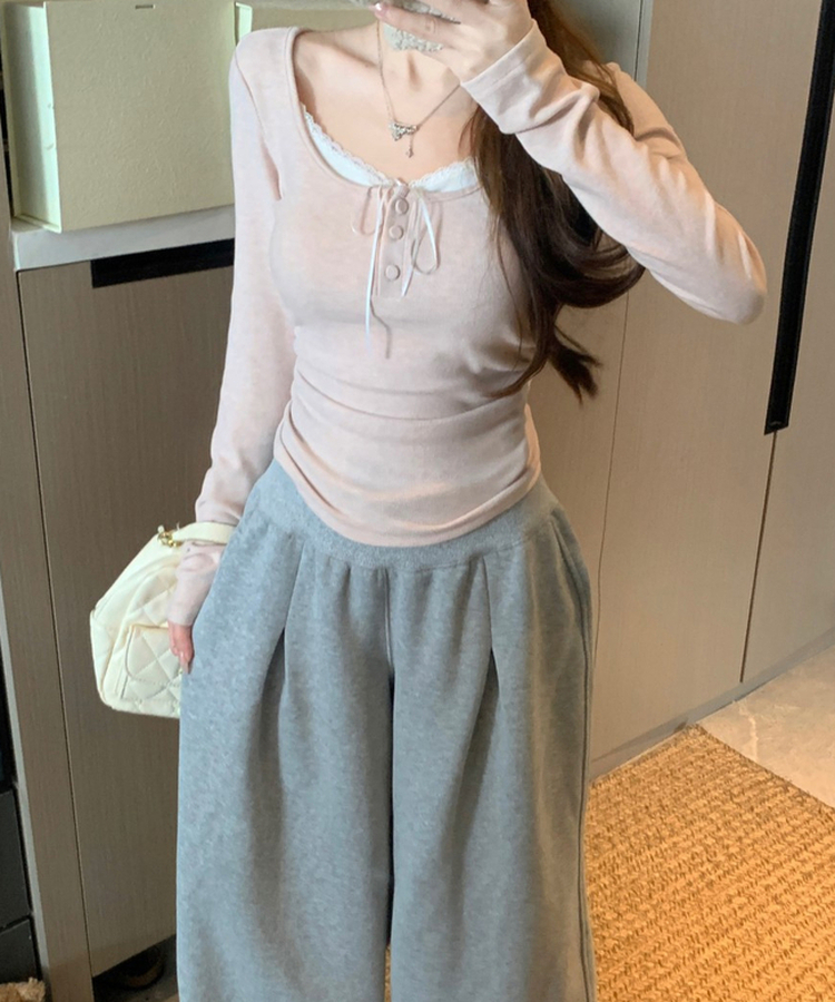 スリムレースリボンベーシックTシャツ PINK