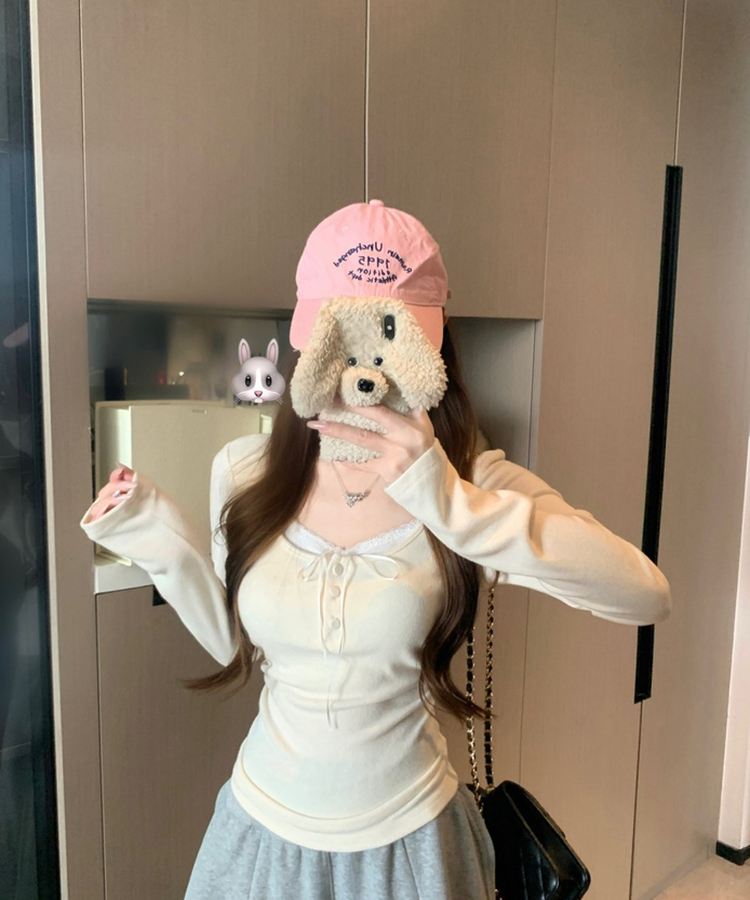 スリムレースリボンベーシックTシャツ BEIGE