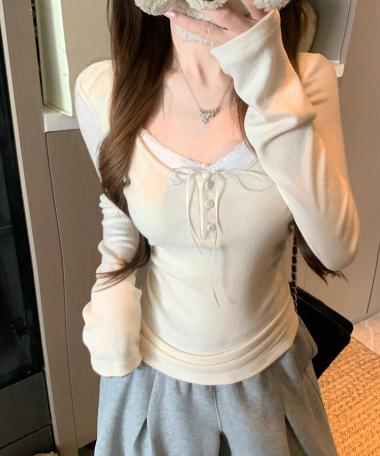 スリムレースリボンベーシックTシャツ BEIGE