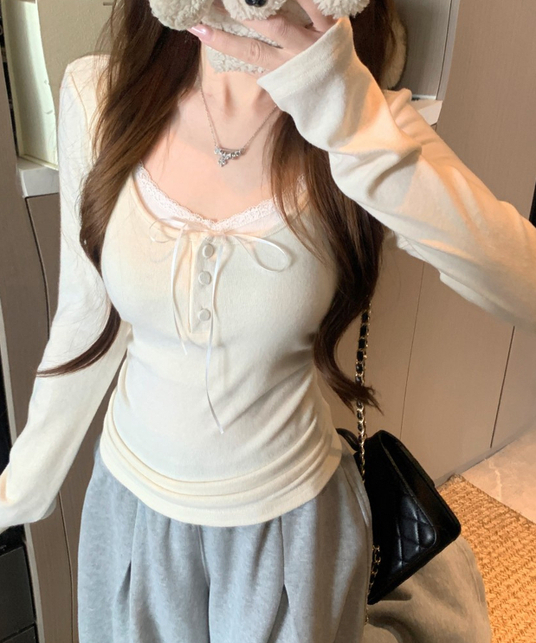 スリムレースリボンベーシックTシャツ BEIGE
