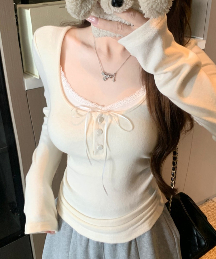 スリムレースリボンベーシックTシャツ BEIGE