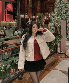 ゴールドボタン肩パッドボアツイードジャケット IVORY