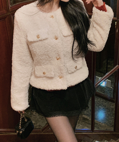 ゴールドボタン肩パッドボアツイードジャケット IVORY