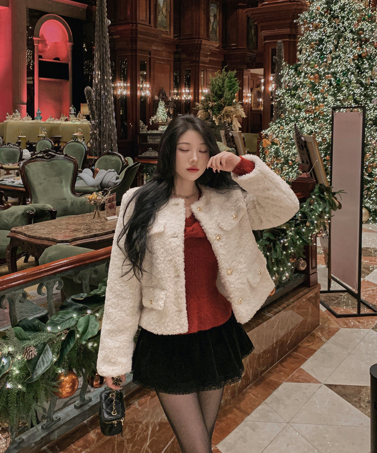 ゴールドボタン肩パッドボアツイードジャケット IVORY