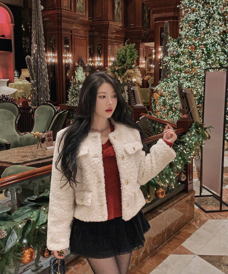 ゴールドボタン肩パッドボアツイードジャケット IVORY