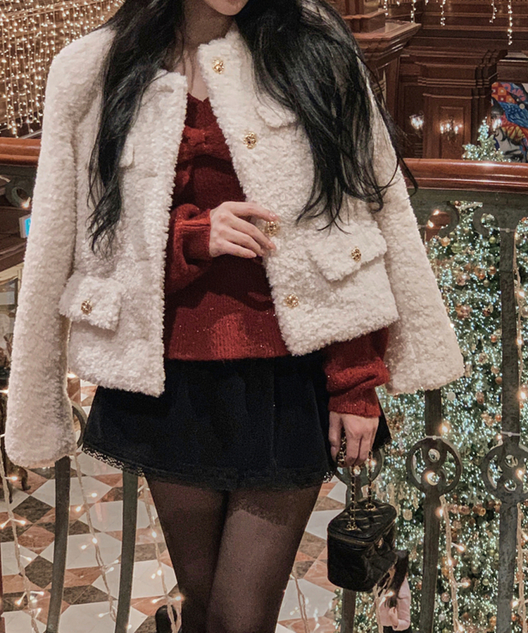 ゴールドボタン肩パッドボアツイードジャケット IVORY