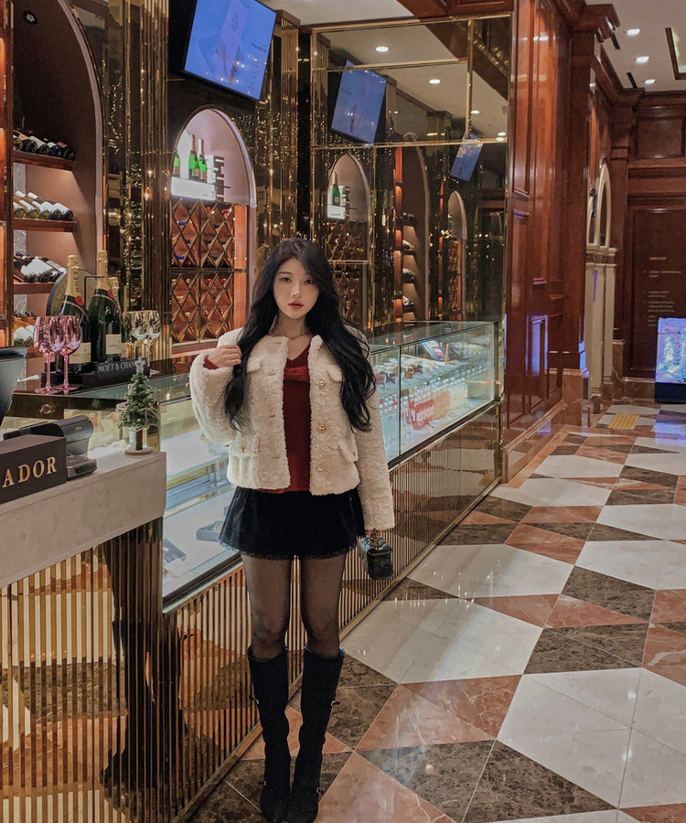 ゴールドボタン肩パッドボアツイードジャケット IVORY