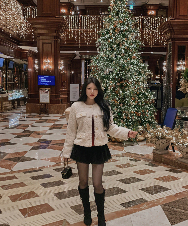 ゴールドボタン肩パッドボアツイードジャケット IVORY