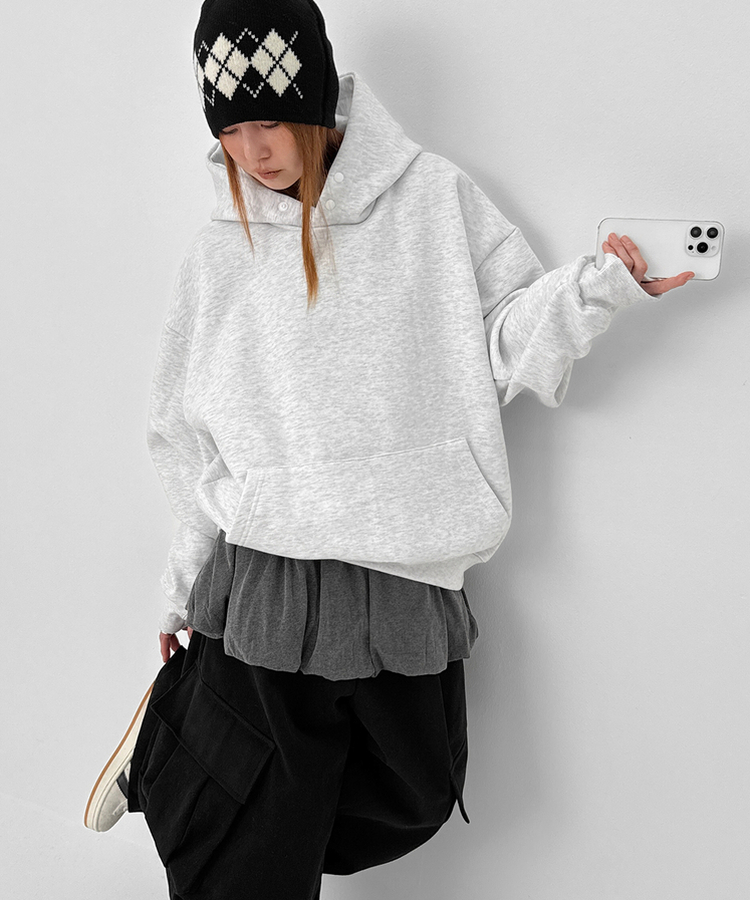 헷투 기모 버튼 후드티 멜란지화이트
