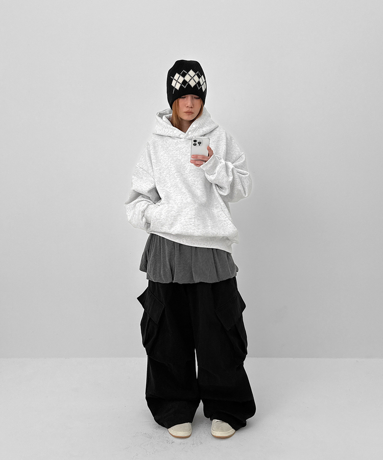 헷투 기모 버튼 후드티 멜란지화이트