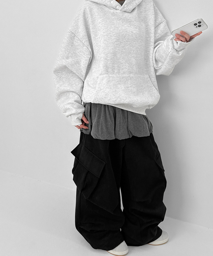 헷투 기모 버튼 후드티 멜란지화이트