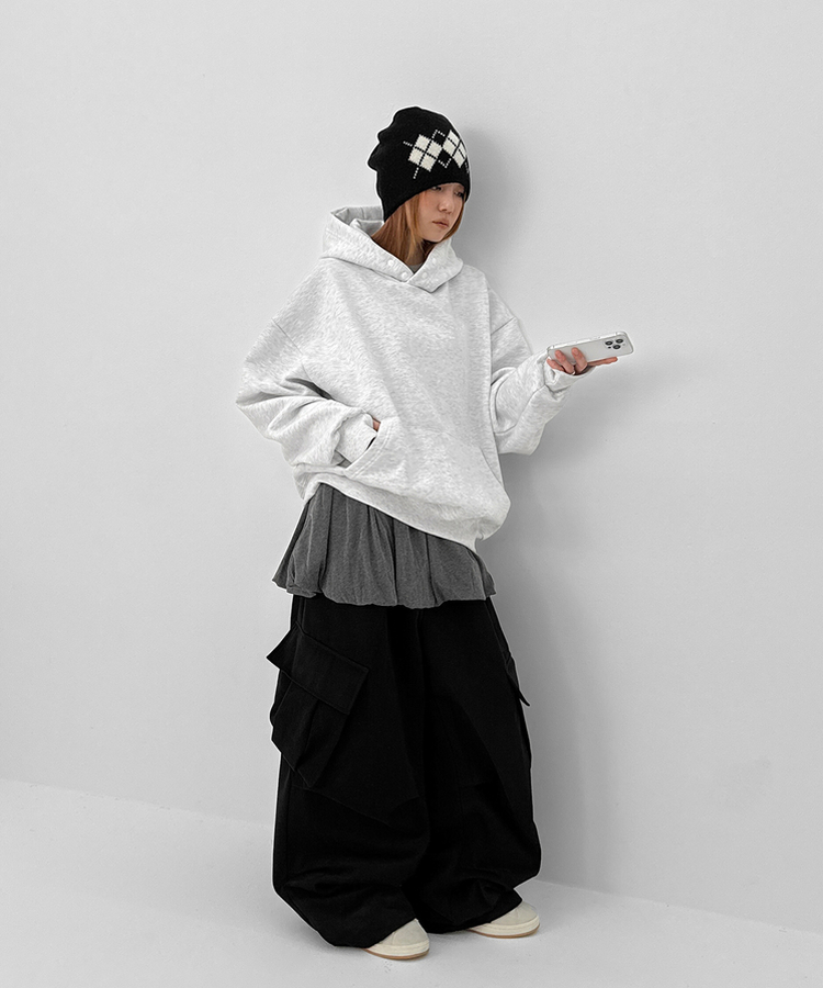 헷투 기모 버튼 후드티 멜란지화이트