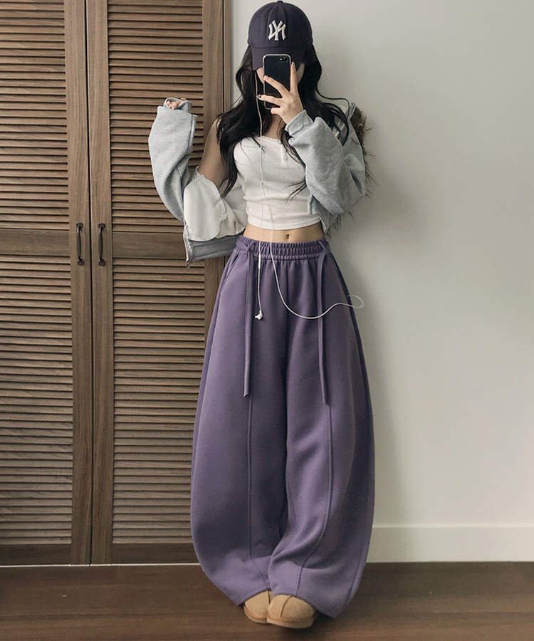 밀키 융기모 벨트 고리 스트랩 세트 롱 와이드 앞절개 팬츠