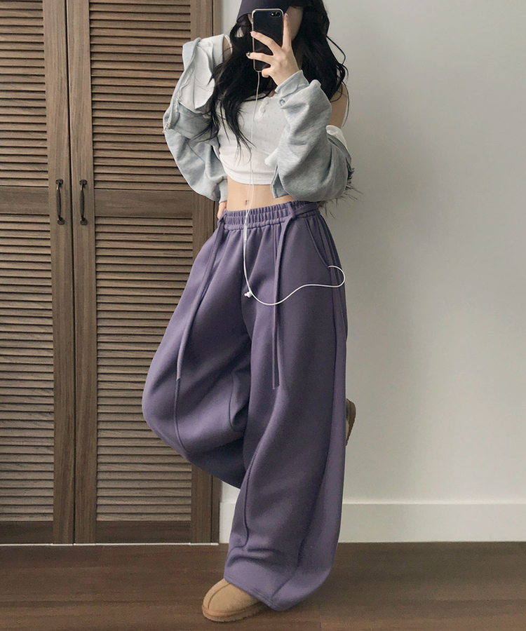 밀키 융기모 벨트 고리 스트랩 세트 롱 와이드 앞절개 팬츠