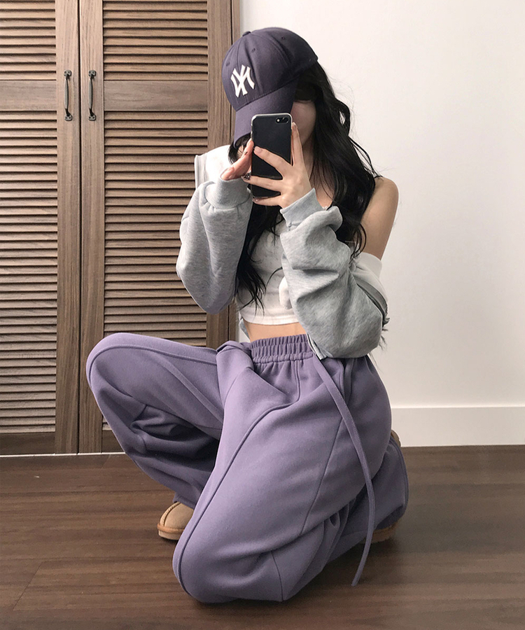 밀키 융기모 벨트 고리 스트랩 세트 롱 와이드 앞절개 팬츠