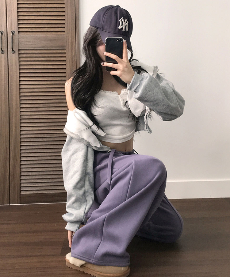 밀키 융기모 벨트 고리 스트랩 세트 롱 와이드 앞절개 팬츠