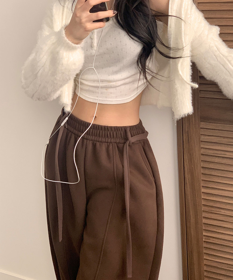 밀키 융기모 벨트 고리 스트랩 세트 롱 와이드 앞절개 팬츠